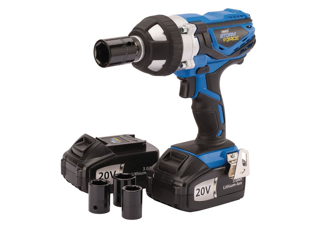 Draper Storm Force 20V Cordless Impact Wrench, 1/2" Sq. Dr., 400Nm, 2 x 3.0Ah Ba Draper - Town Tools 