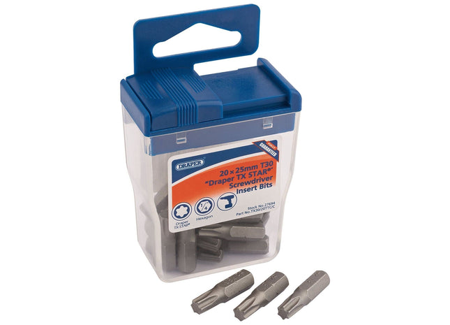 Draper TX-STAR Long Insert Bits in Plastic Storage Case, T30 x 25mm (Pack of 20) Draper - Town Tools 