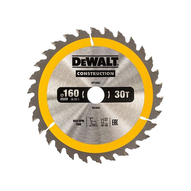 Dewalt Power Tools Portable Construction Circular Saw Blade 160 x 20mm x 30T DeWALT Power Tools - RockBottom Northampton
