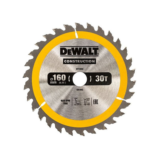 Dewalt Power Tools Portable Construction Circular Saw Blade 160 x 20mm x 30T DeWALT Power Tools - RockBottom Northampton