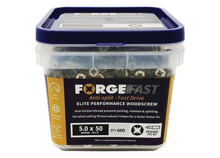 Forgefix ForgeFast Pozi Compatible Elite Performance Wood Screw ZY 5.0 x 50mm Tub 600 ForgeFix - RockBottom Northampton