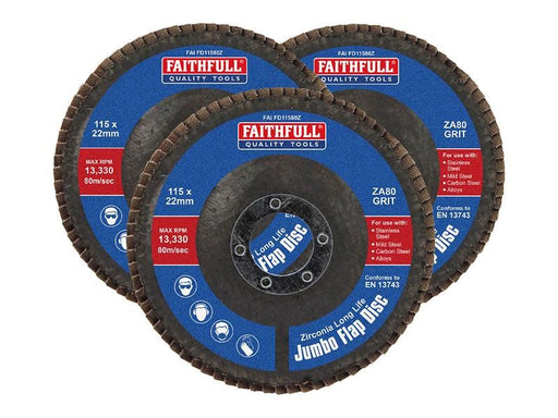 Faithfull Zirconia Abrasive Jumbo Flap Disc 115 x 22mm 80 Grit (3 Pack) Faithfull - RockBottom Northampton