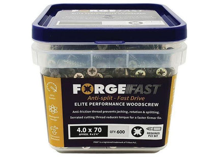 Forgefix ForgeFast Pozi Compatible Elite Performance Wood Screw ZY 4.0 x 70mm Tub 600 ForgeFix - RockBottom Northampton