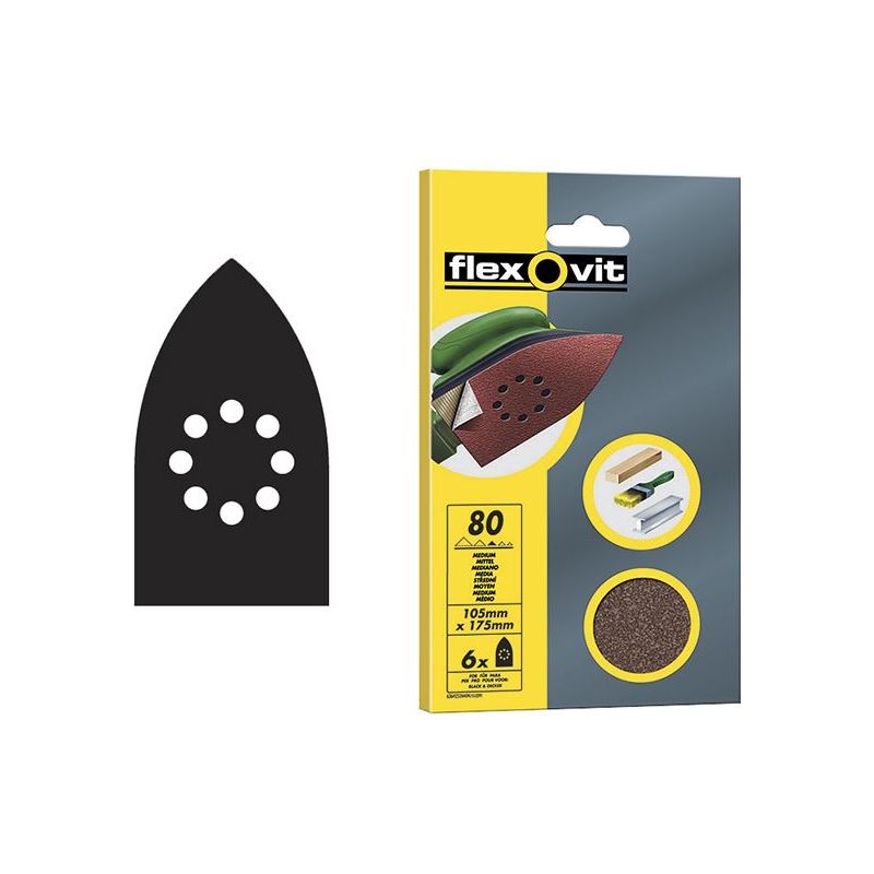 Flexovit Detail Hook & Loop Sanding Sheets 105x175mm Medium 80G (Pack 6) Flexovit - RockBottom Northampton