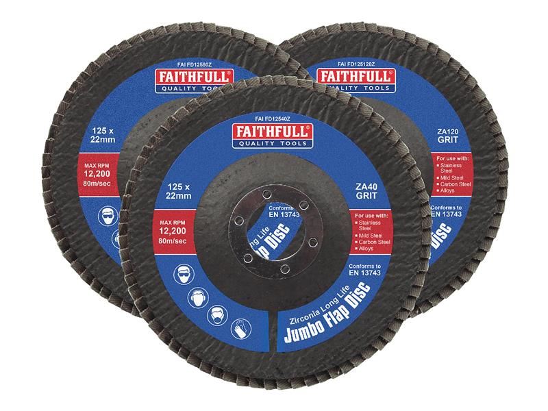 Faithfull Zirconia Abrasive Jumbo Flap Disc 125 x 22mm Mixed Grit (3 Pack) Faithfull - RockBottom Northampton