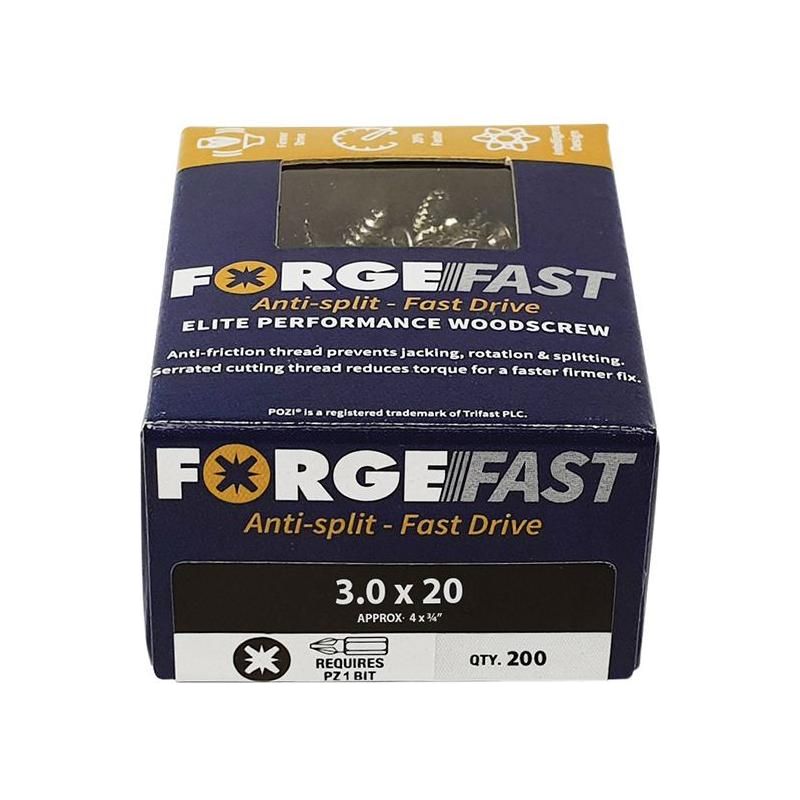 Forgefix ForgeFast Pozi Compatible Elite Performance Wood Screw ZY 3.0 x 20mm Box 200 ForgeFix - RockBottom Northampton