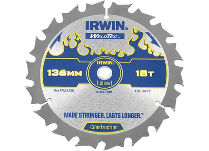 Irwin® Weldtec Cordless Circular Saw Blade 136 x 10mm x 18T ATB IRWIN® - RockBottom Northampton