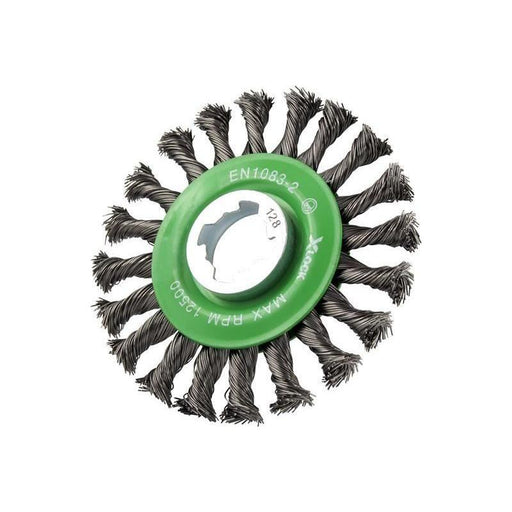 Faithfull X-LOCK Conical Wire Brush 115mm M14x2, 0.50mm Stainless Steel Wire Faithfull - RockBottom Northampton