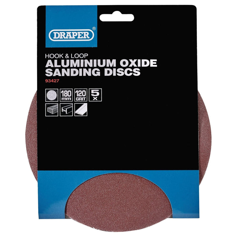 Draper Hook and Loop Aluminium Oxide Sanding Discs, 180mm, 120 Grit (Pack of 5) Draper - Town Tools 