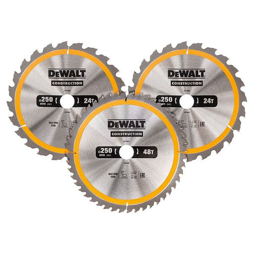 Dewalt Power Tools DT1963 Construction Circular Saw Blade 3 Pack 250 x 30mm x 24T/48T DeWALT Power Tools - RockBottom Northampton