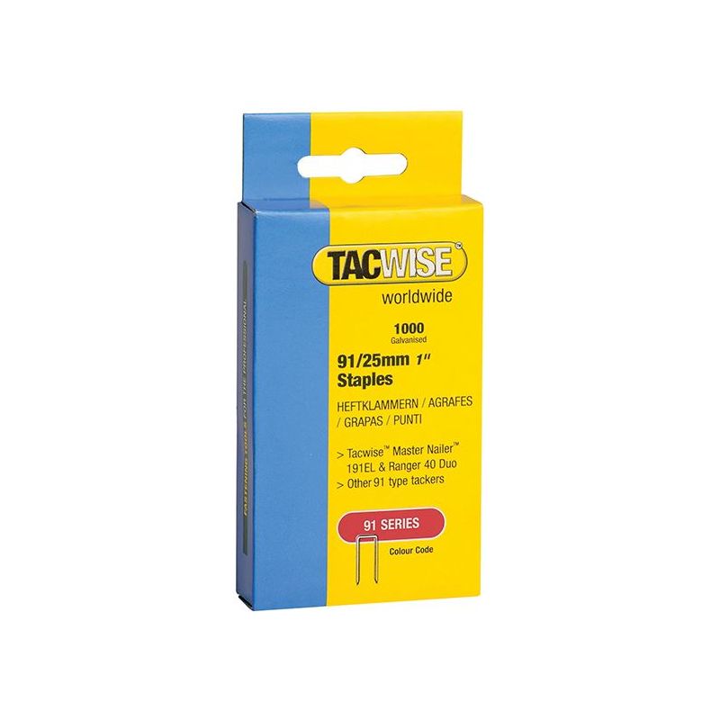 Tacwise 91 Narrow Crown Staples 25mm - Electric Tackers (Pack 1000) Tacwise - RockBottom Northampton