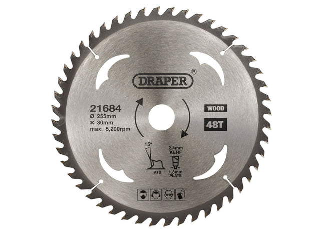 Draper TCT Circular Saw Blade for Wood, 255 x 30mm, 48T 21684 Draper - Town Tools 