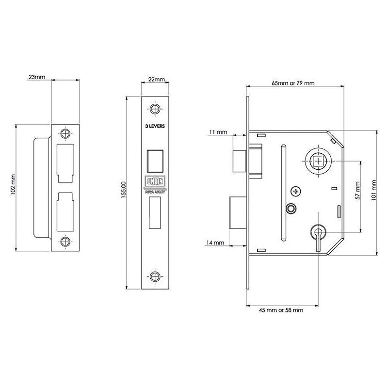 Union ES-SL Essentials 3 Lever Mortice Sashlock Polished Brass 79mm 3in Visi UNION - RockBottom Northampton