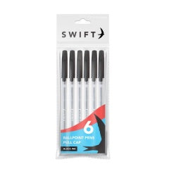 Pull Cap Ballpoint Pens 6pk Black