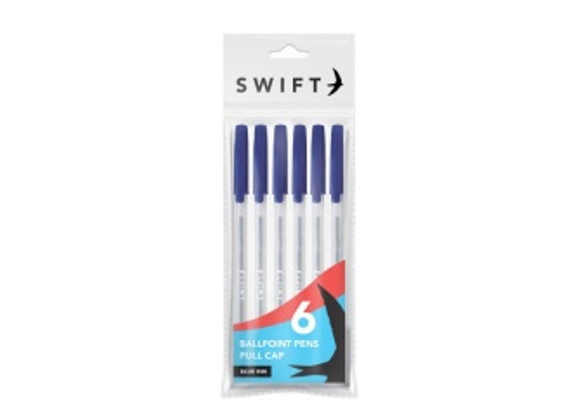 Pull Cap Ballpoint Pens 6pk Blue